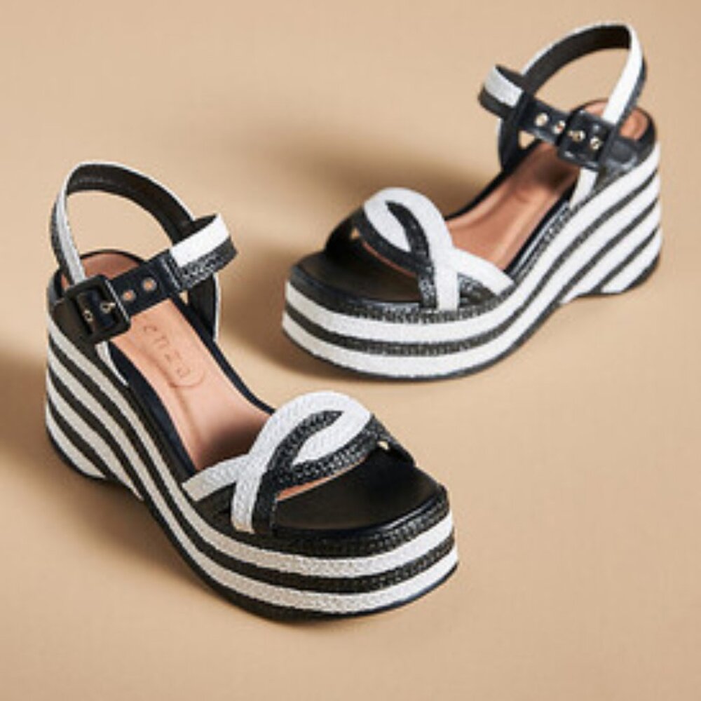 New Anthropologie Vicenza size 40 9-9.5 Platform Heels Raffia Black & White